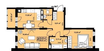 2-комн. вторичка, 59 м<sup>2</sup>, поверх 1/9